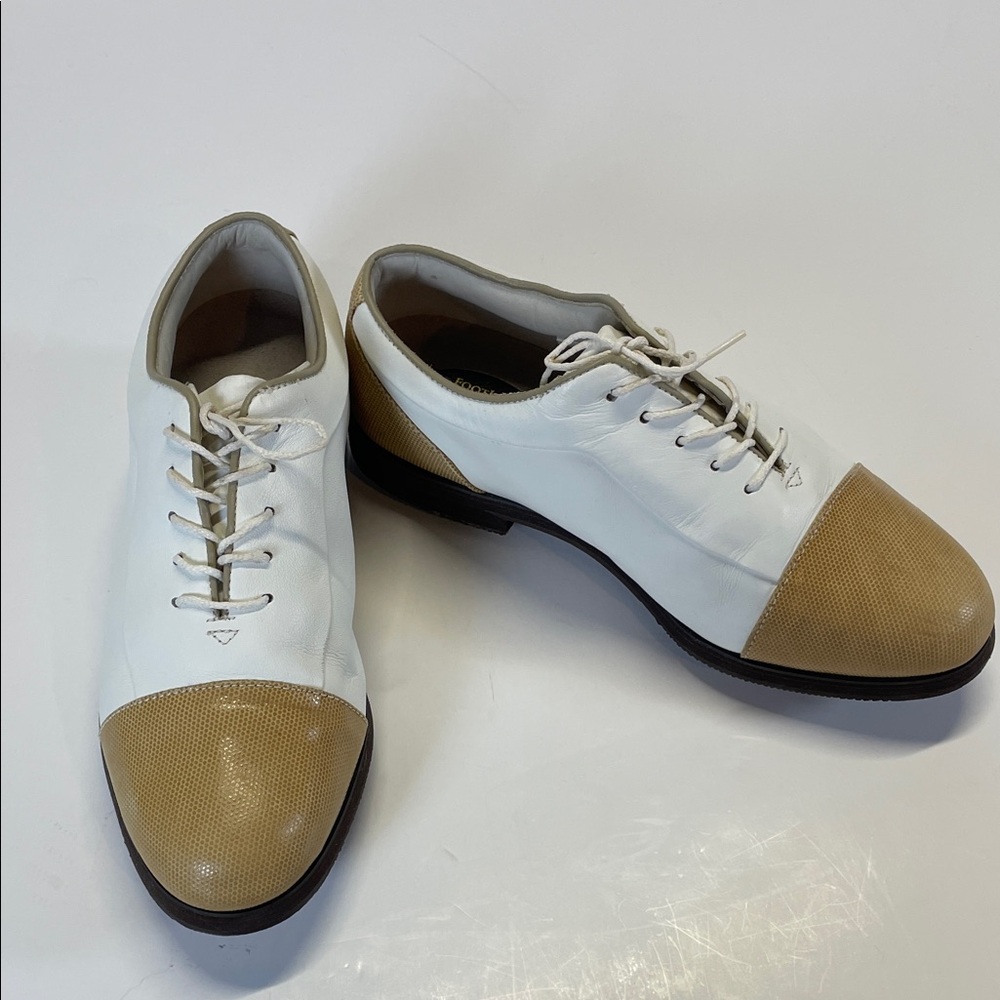 FootJoy Europa Golf Shoes Women Size 7.5 White Tan Cap Toe Spiked